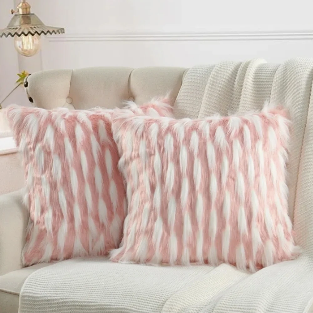 Set of 2 Pink & White Feathery Fur Pillow Covers Chic Luxury Home Accent Decor